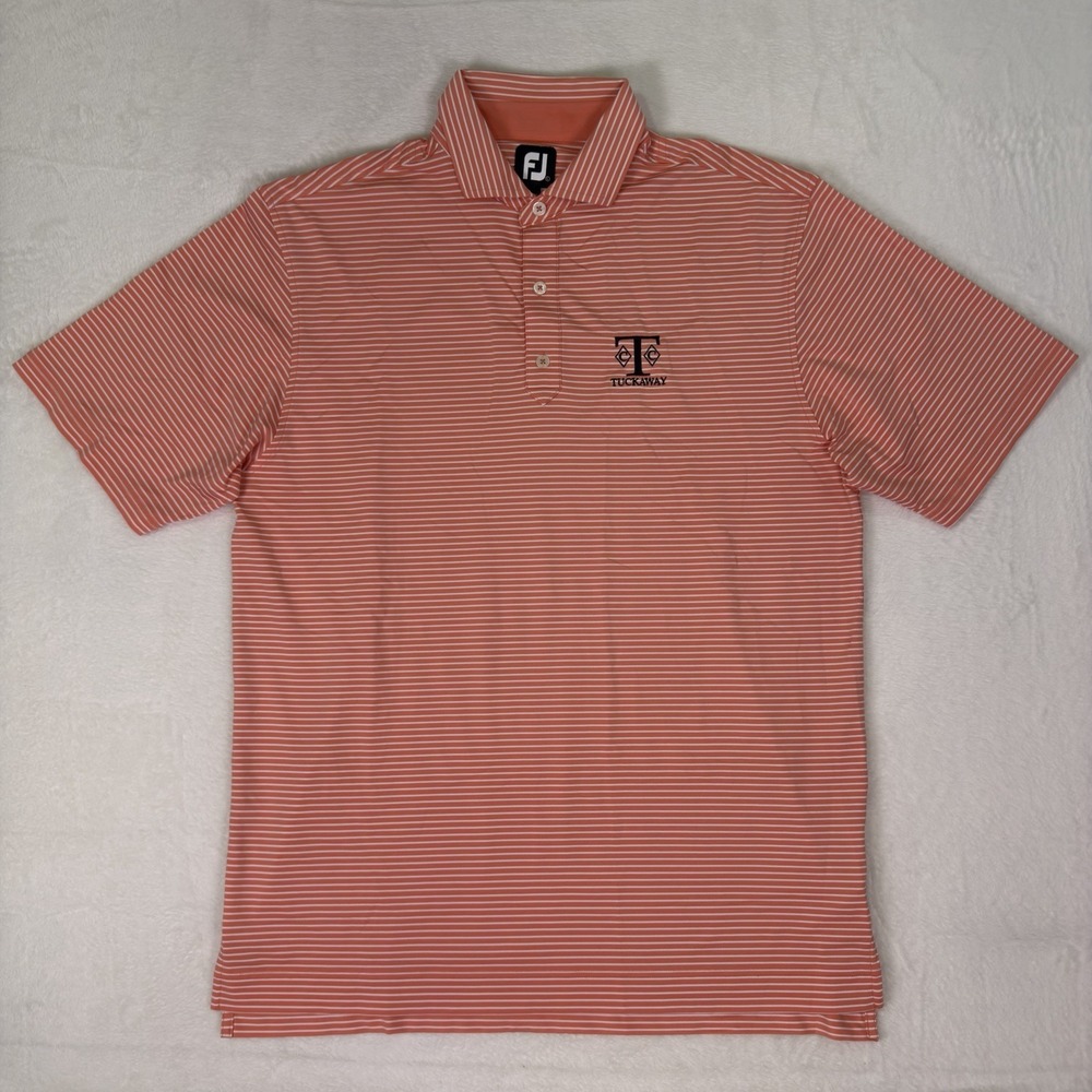 Footjoy Polo Shirt Mens Large Pink Coral Striped Golf Stretch Performance FJ